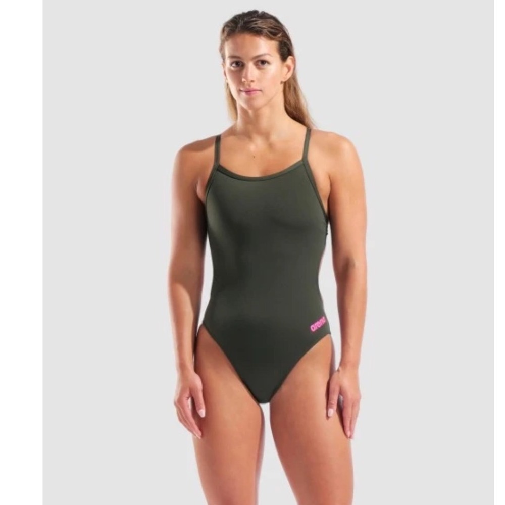 Arena Womens Challenge Back One Piece Swimsuit Olive Green Pink Size 36 NWOT